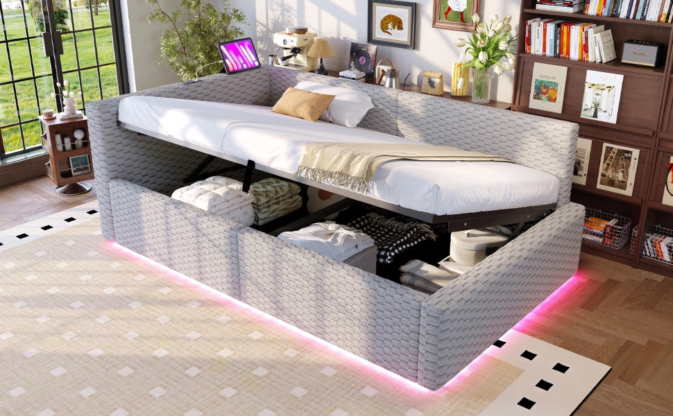 Letto divano 90 × 200 cm con contenitore idraulico, LED, 2 USB et Type-C, senza materasso, in velluto grigio