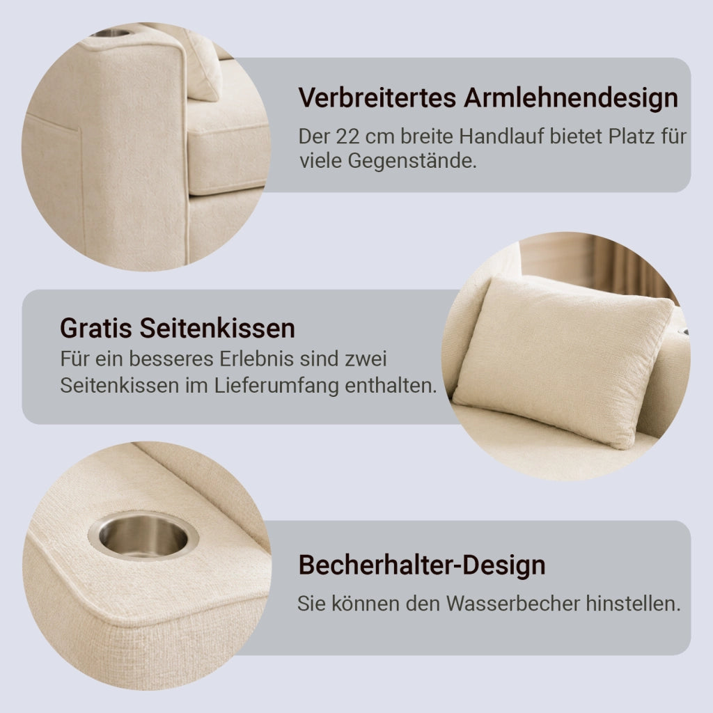 Divano a due posti moderno con portabicchieri e tasche laterali per soggiorno e ufficio in tessuto chenille beige
