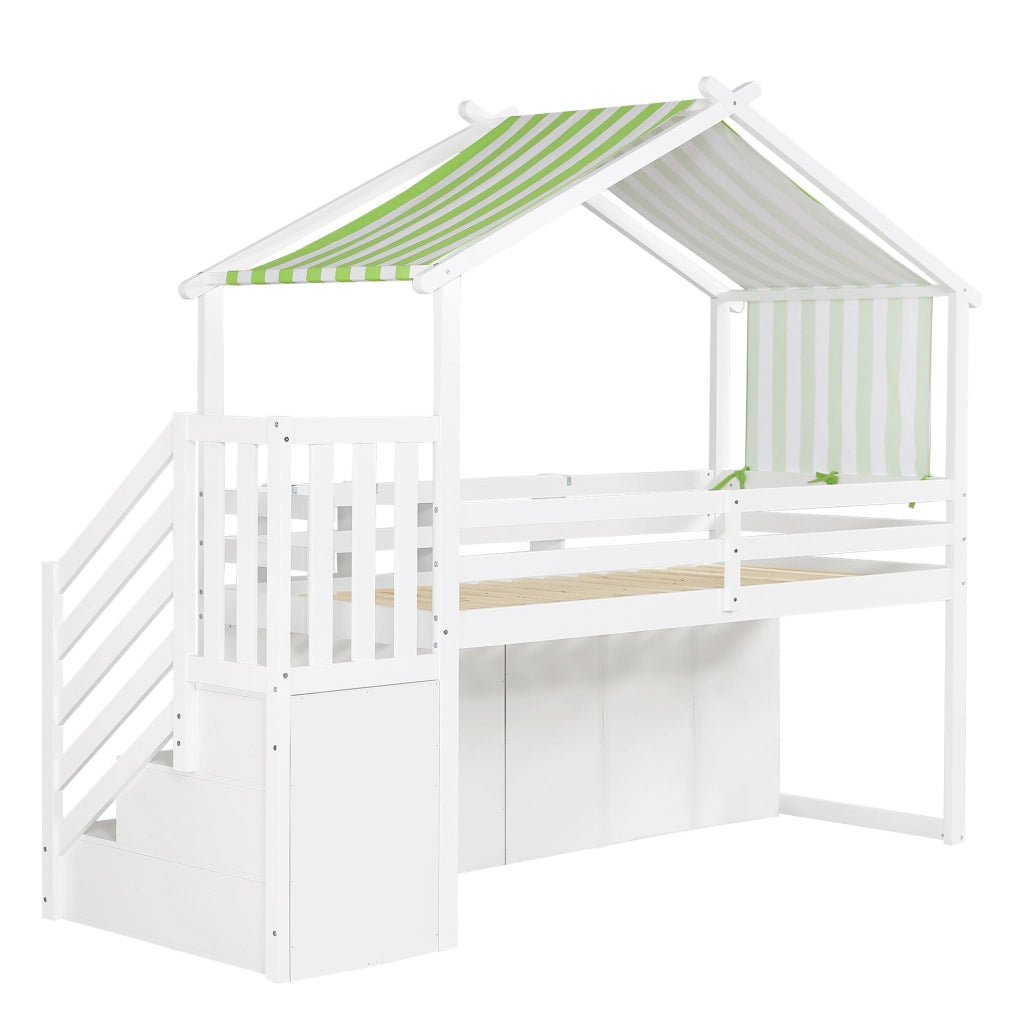 Letto a castello ULEVR 90x200 cm con scala contenitore, armadio e vani, bianco e verde