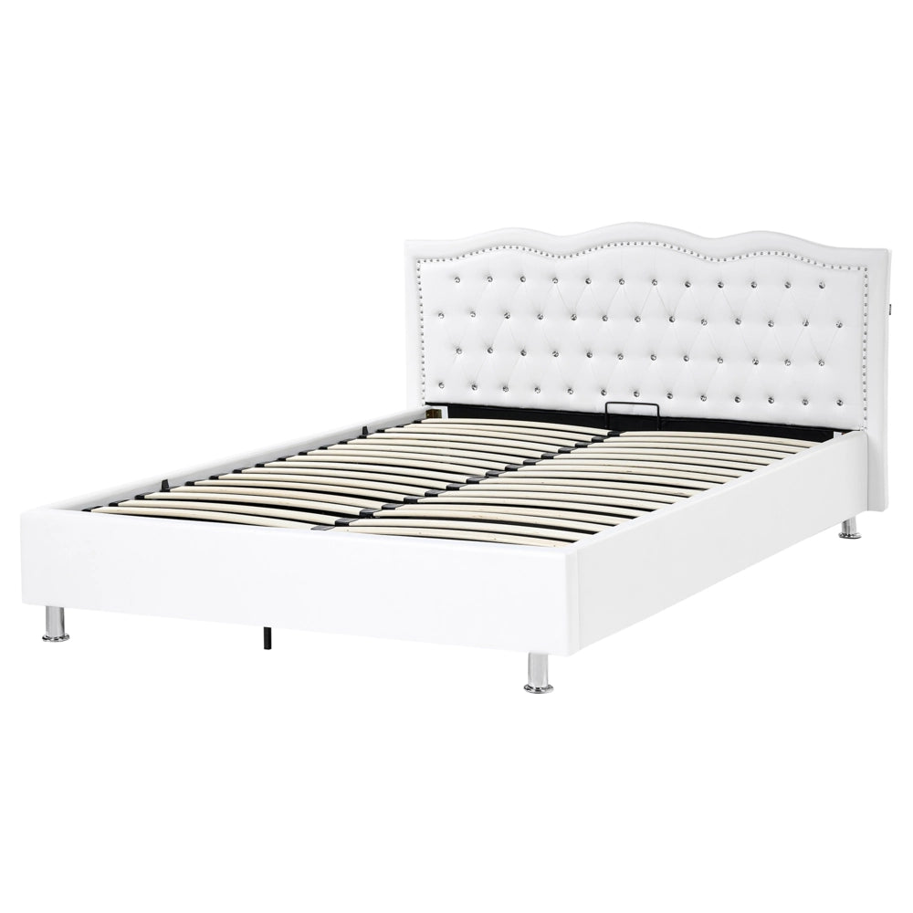 Letto 160 x 200 cm Bianco Ecopelle Struttura Imbottita con Rifinitura Chiodo Bottoni in Cristallo Poggiatesta