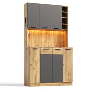 Credenza alta con 4 cassetti e 4 vani; LED e prese USB per cucina in MDF 100x40x180 cm nero naturale