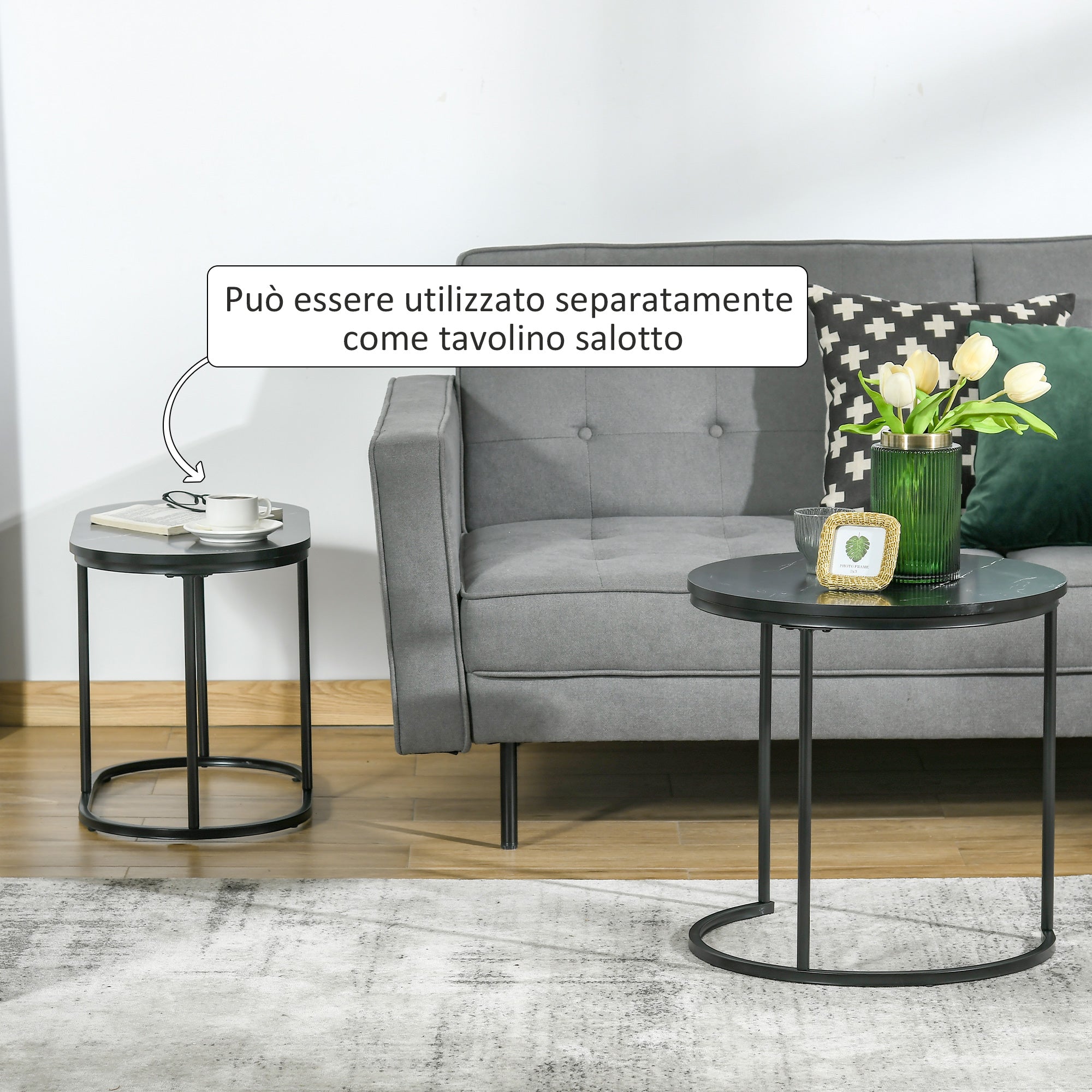 Set 2 Tavolini Sovrapponibili Ø50x50,5 cm e 60x36x43,5 cm con Piano Effetto Marmo Nero