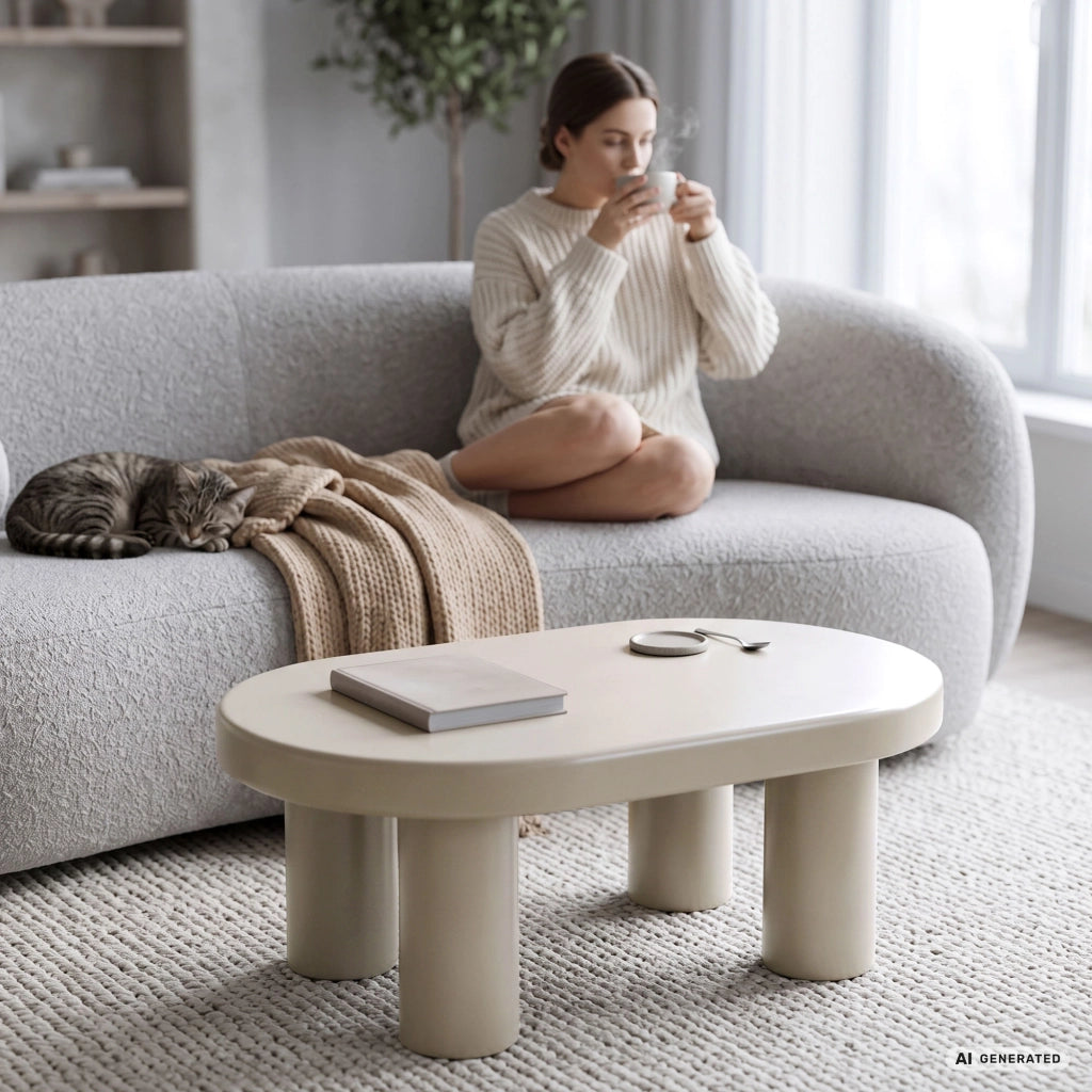 Tavolino da salotto ovale MATE 85 cm crema con quattro gambe cilindriche