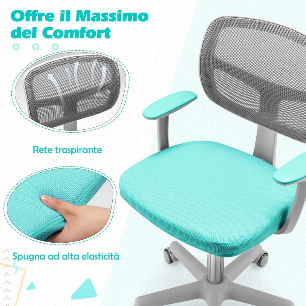 Sedia per Scrivania per Bambini, Sedia per Computer con Altezza Regolabile, Ruote, Sedile Girevole a Rete, Mobile Ergonomica per Bambini 3-10 Anni (Menta verde)
