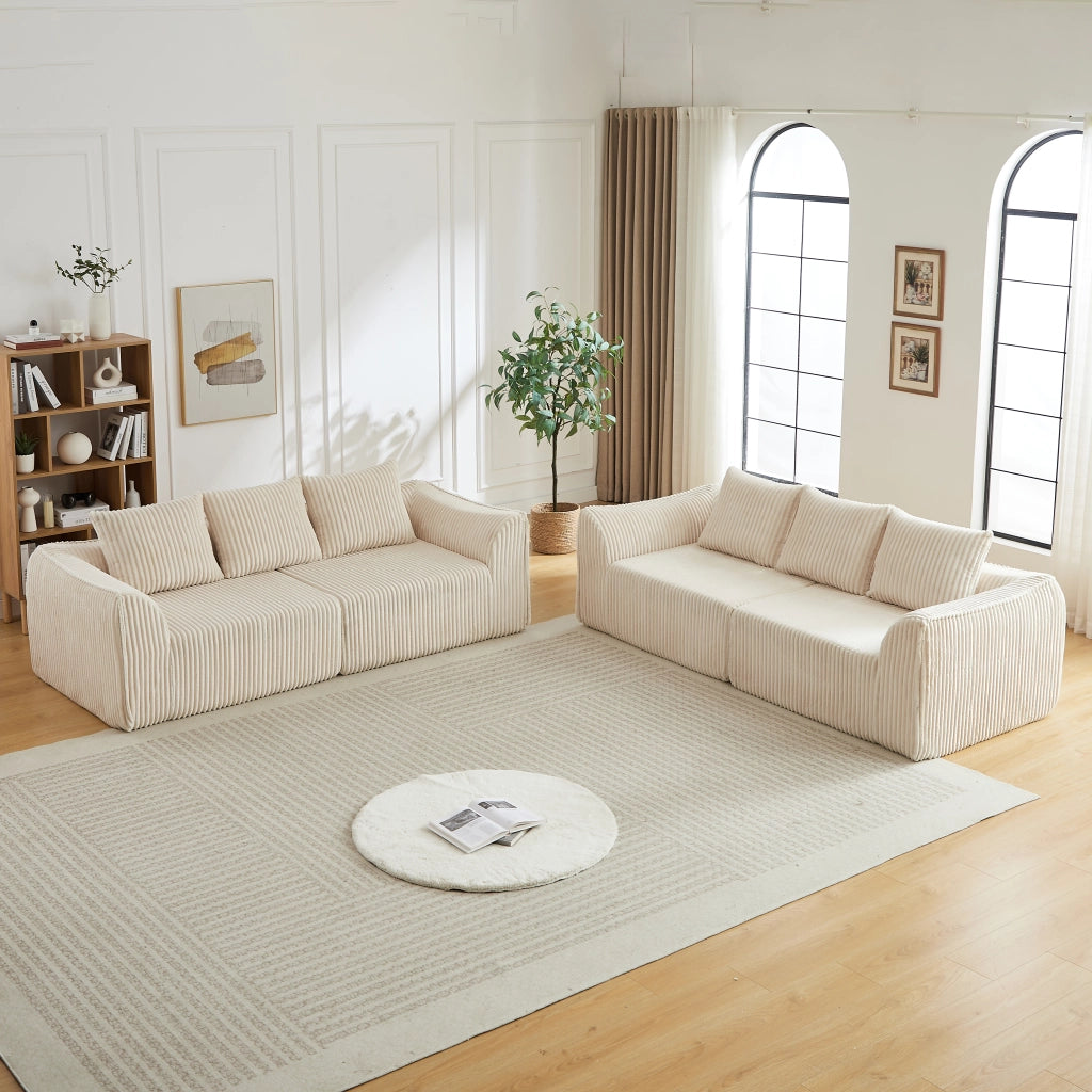 Divano modulare in velluto a coste con linee curve e seduta extra larga senza montaggio, beige chiaro per soggiorno