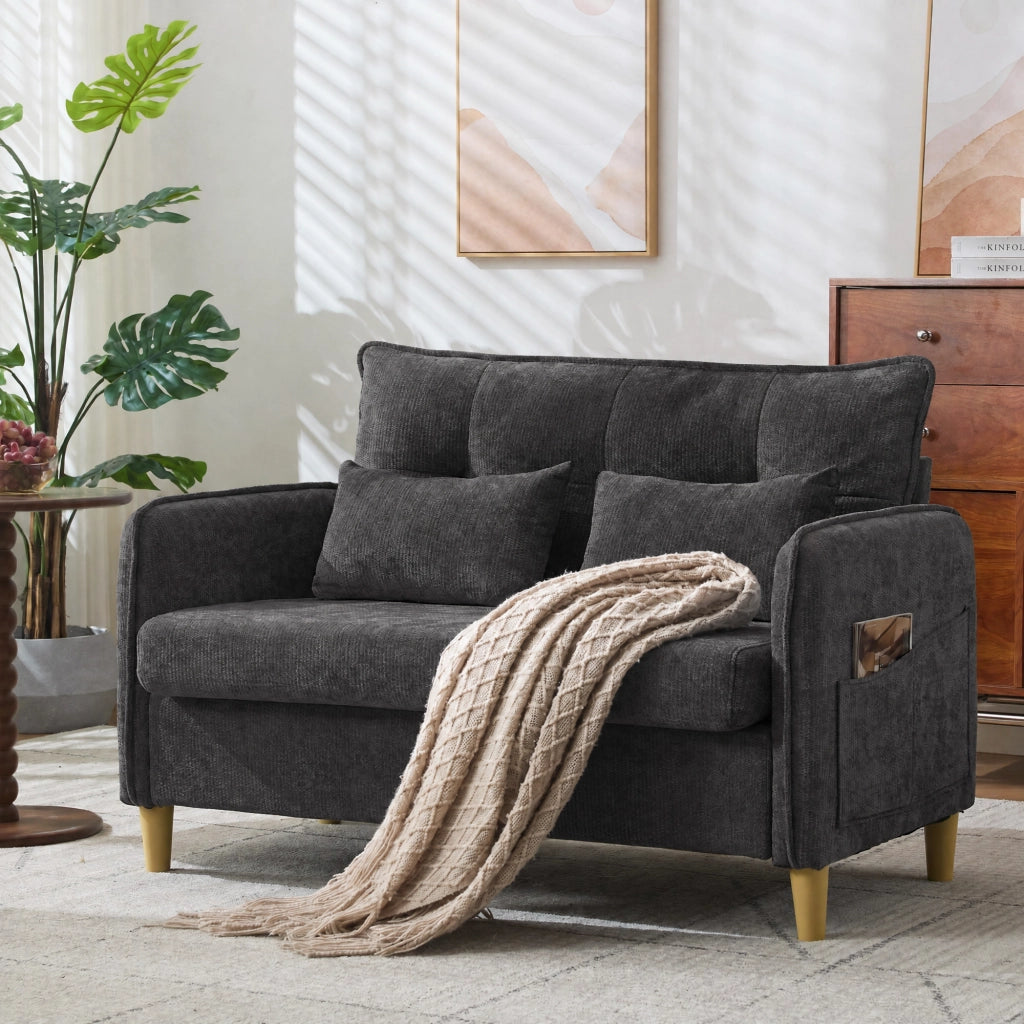 Divano a 2 posti in tessuto Chenille, 127 cm, colore Dark Gray, con braccioli e tasche laterali