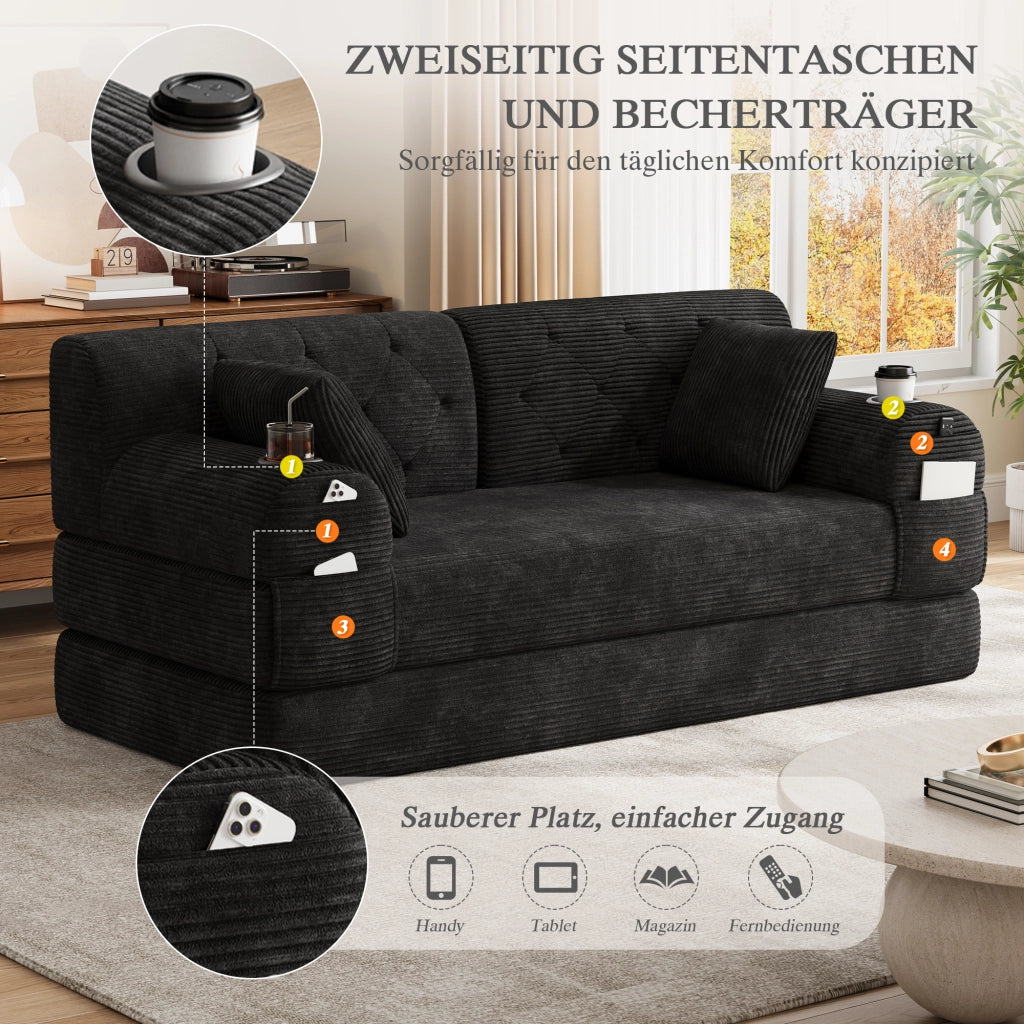 Divano letto a 2 posti con schienale alto, tasche laterali e 2 portabicchieri in velluto a coste nero 168 × 80 × 81 cm