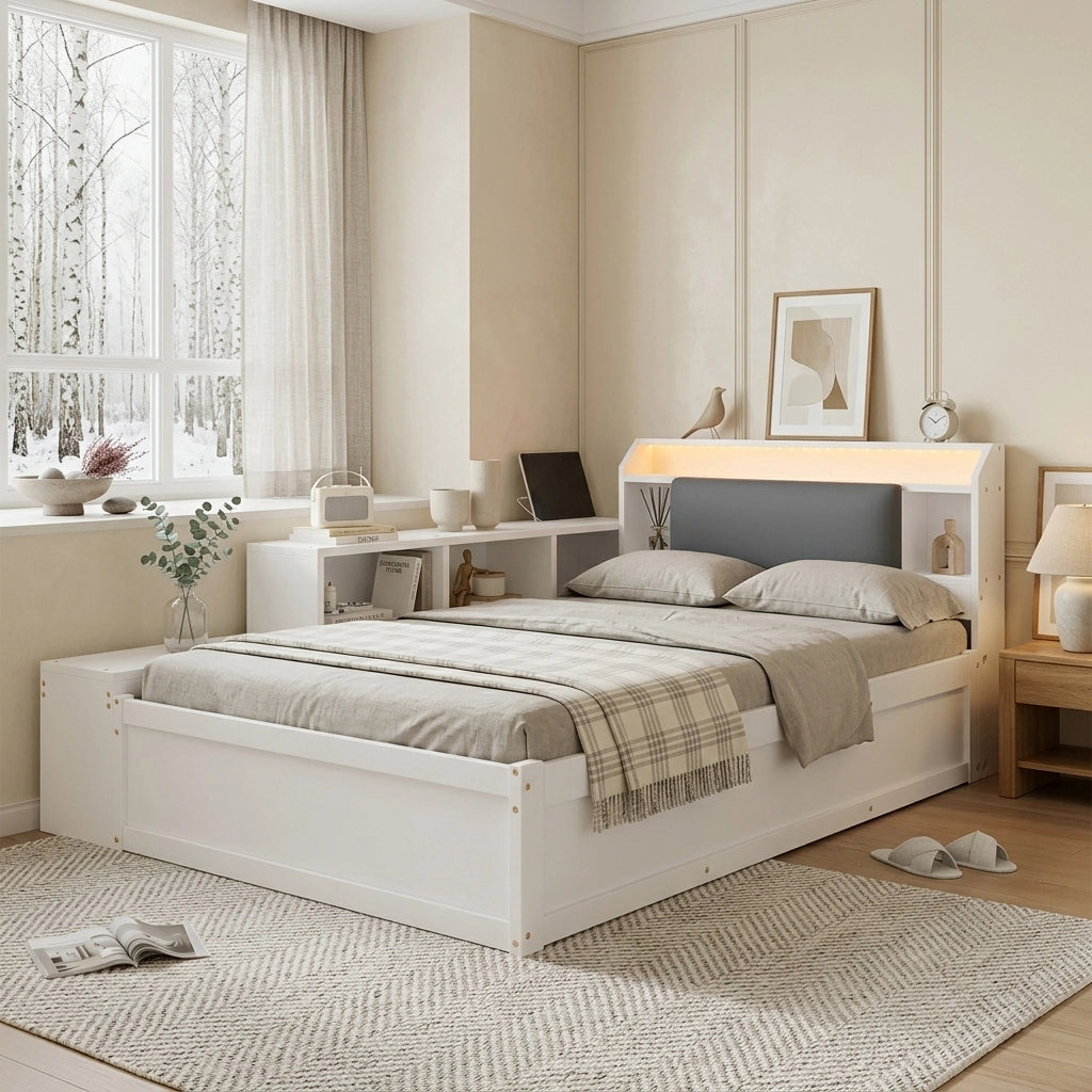 Letto contenitore 120x200 cm con apertura idraulica reversibile; testiera imbottita con vani; LED e USB; legno bianco