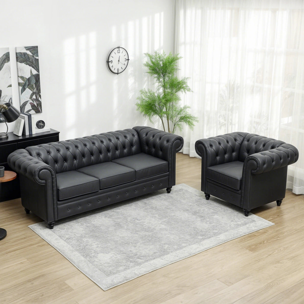Divano Chesterfield Trapuntato 3 Posti ¨C zephmum ¨C Finta Pelle Nero 213x86x79 cm