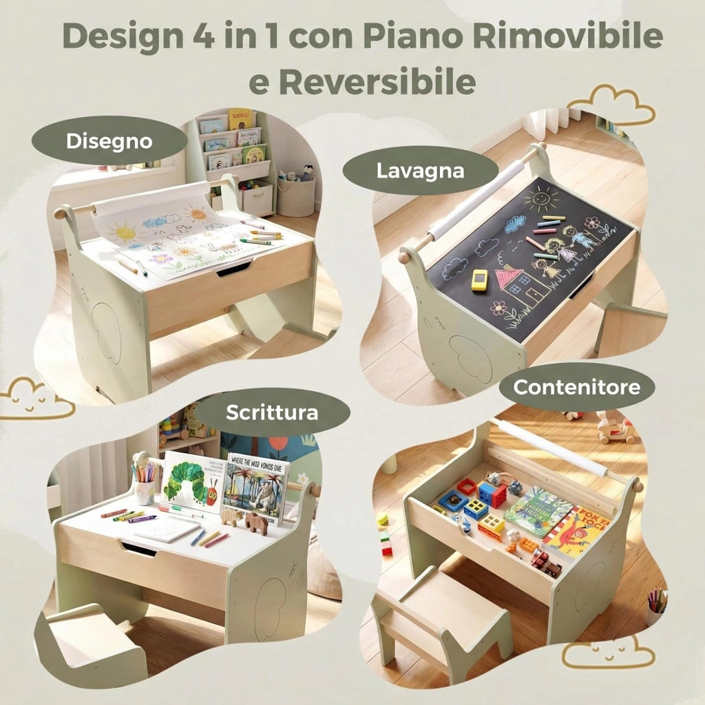 Set Tavolo e Sedia per Bambini 4 in 1, Set con Scrivania e Sedia in Legno per Bambini con Lavagna Reversibile, Rotolo di Carta e Contenitore Nascosto per Aula e Cameretta (Verde)