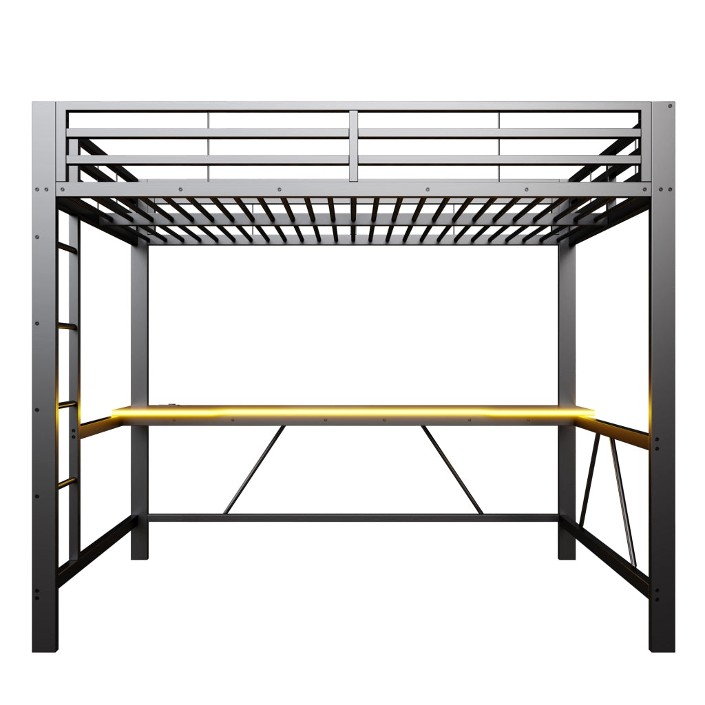 Letto a soppalco 140 × 200 cm con scrivania, LED e protezione rialzata, senza materasso, nero