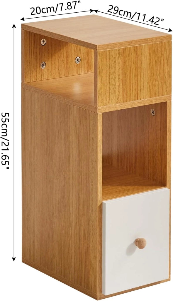 Set di 2 comodini sottili e stretti, con 2 scomparti aperti e 1 cassetto, salvaspazio, tavolini laterali in legno per camera da letto e soggiorno, naturale WNS006N-2