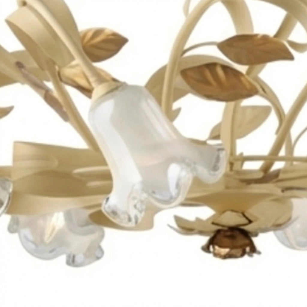 Lampadario Arte Povera Cesto Metallo Avorio E Oro 8 Luci E14