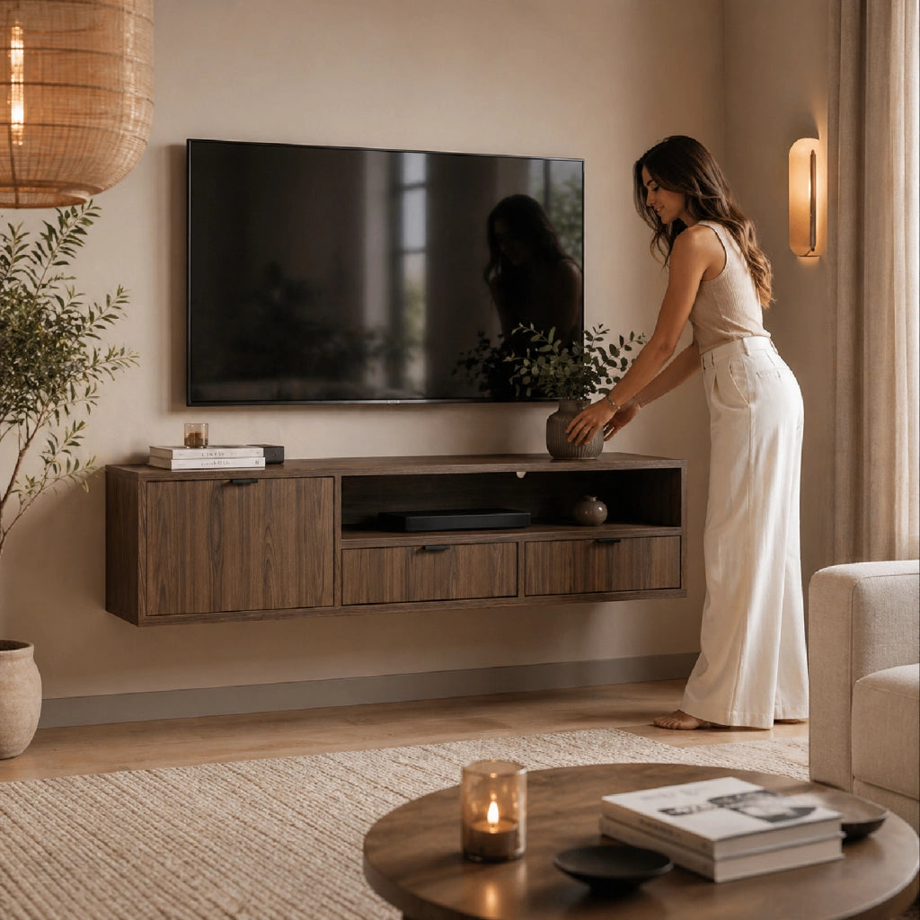 Mobile TV Sospeso Moderno Per Soggiorno Con 1 Anta A Ribalta 2 Cassetti Vano A Giorno Con Passacavo Struttura In Melaminico Design Contemporaneo 150 X 35 X 40 Cm Noce