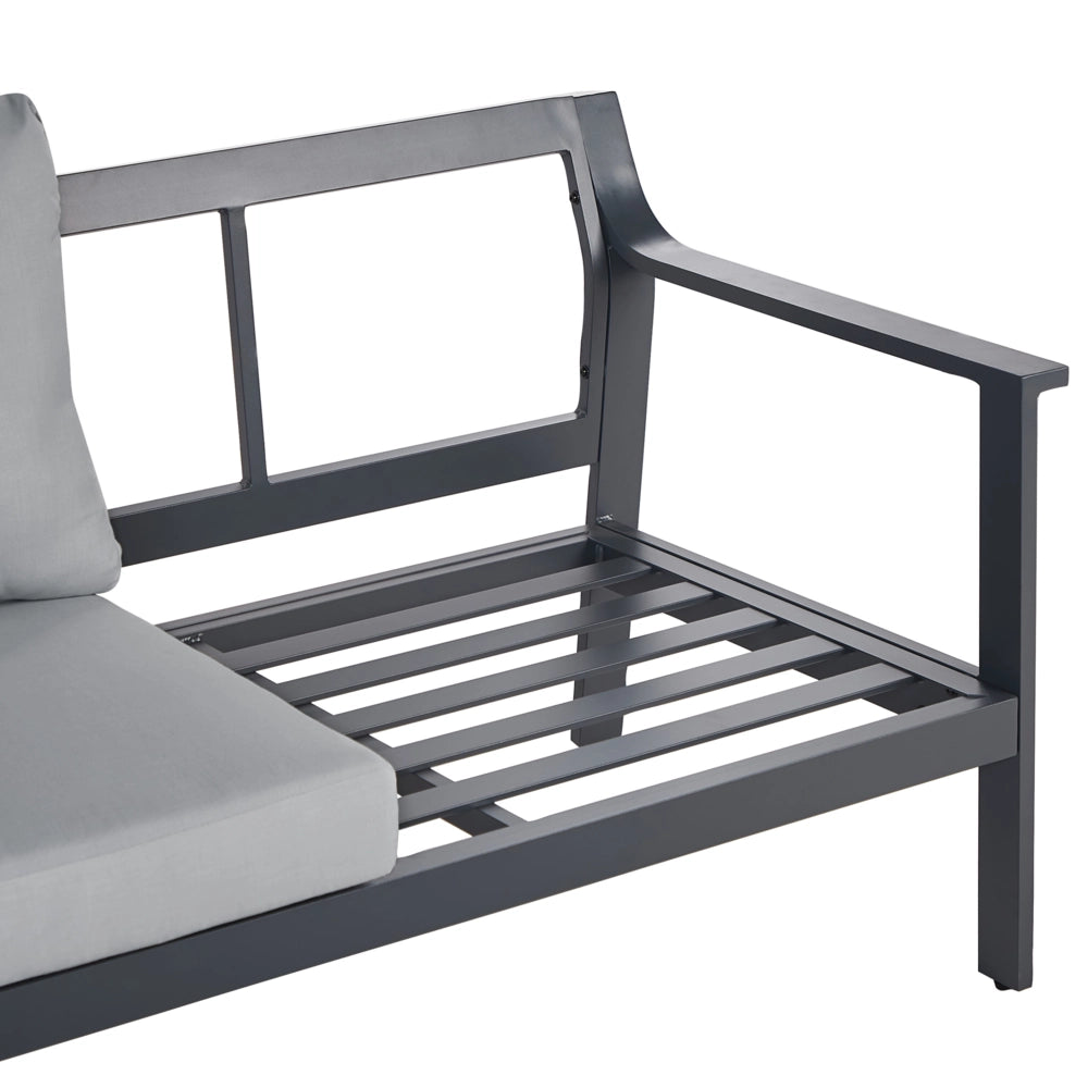 Divano da giardino 3 posti in alluminio con spessi cuscini idrorepellenti in grigio scuro stile moderno scandinavo