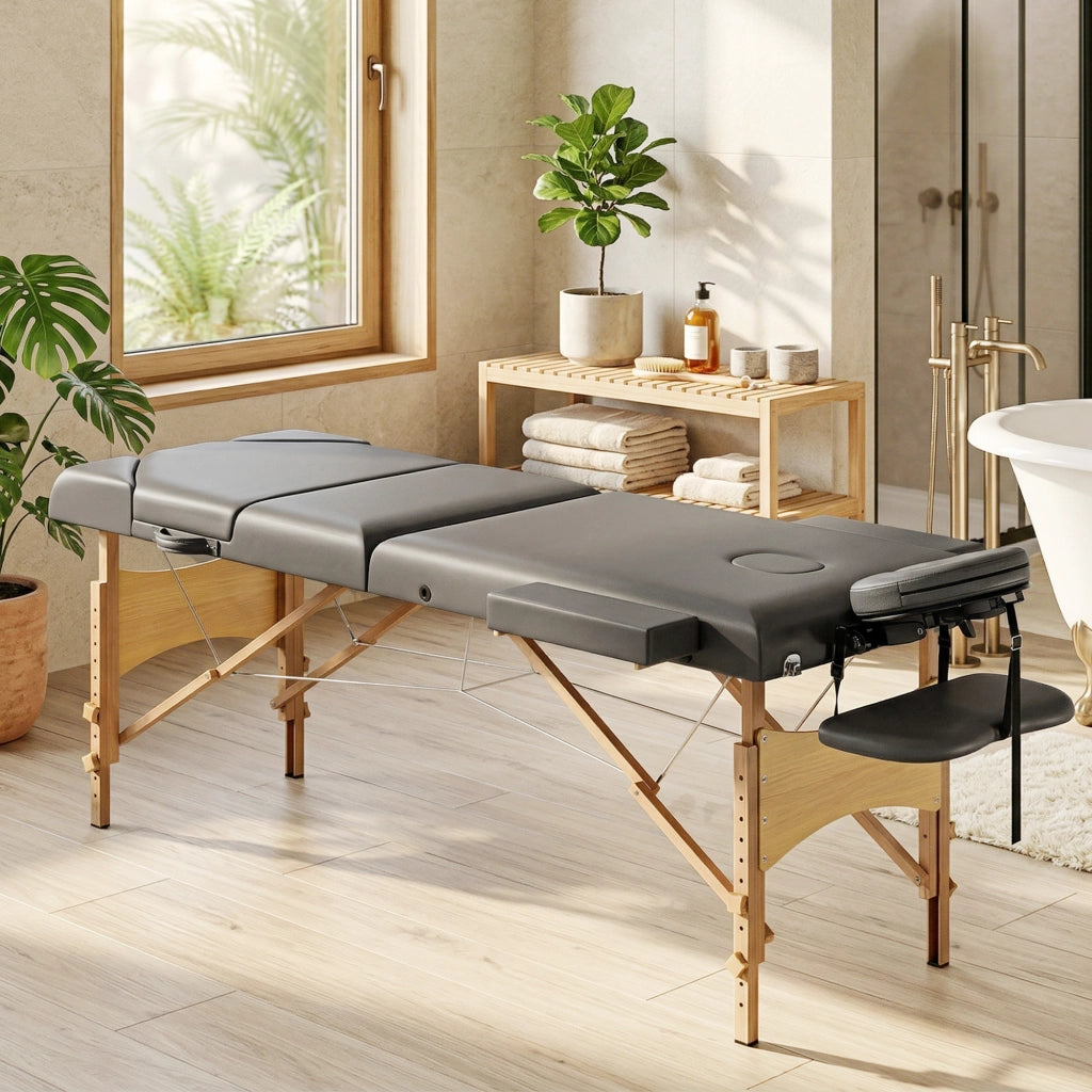 Lettino da Massaggio Pieghevole ¨C Xylo ¨C 3 Zone, Legno, Schienale e Poggiatesta Regolabili, 215x60x62-89 cm, Grigio