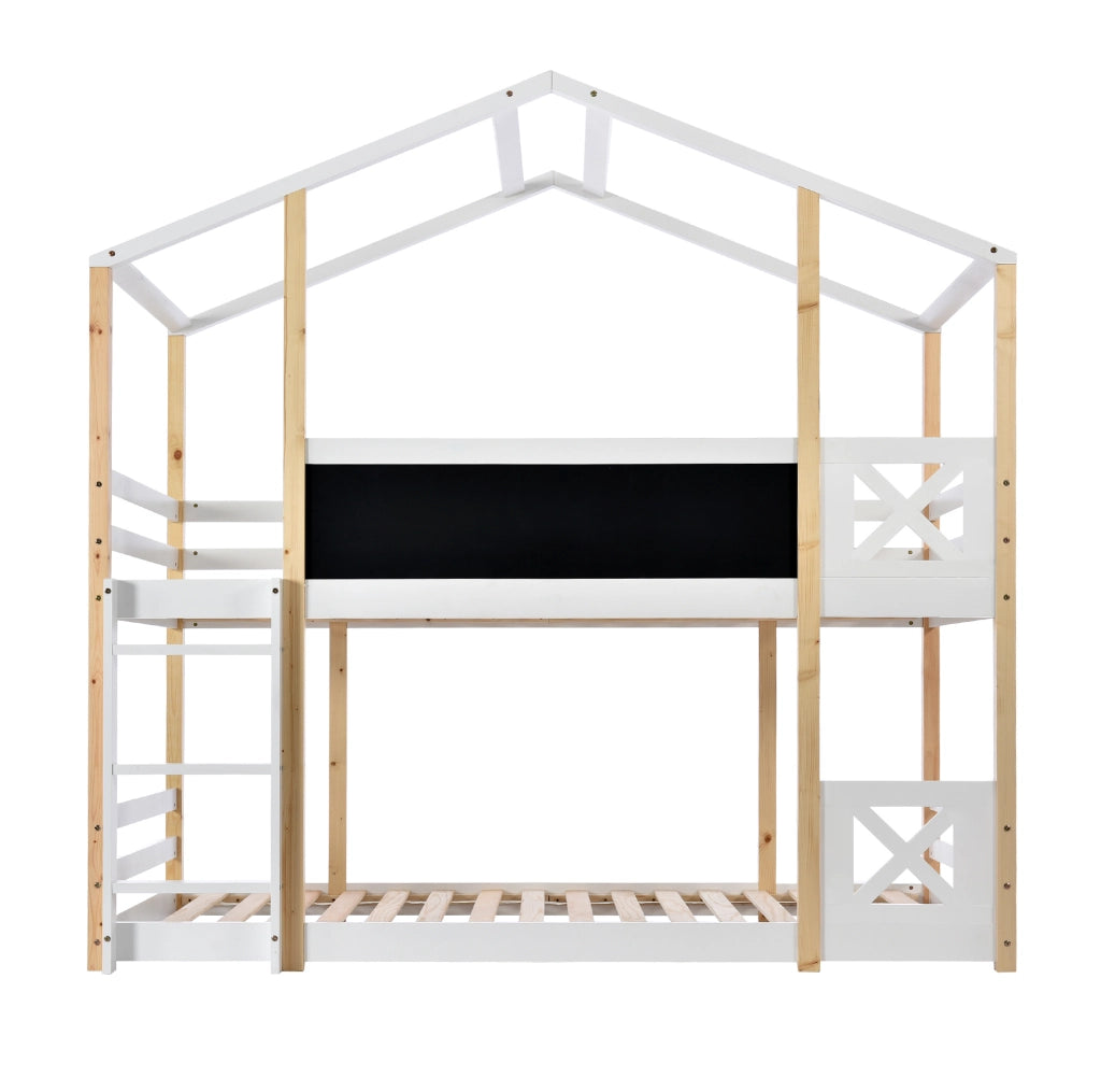 Letto a soppalco per bambini 90x200 cm con scala; lavagna e rete a doghe; bianco