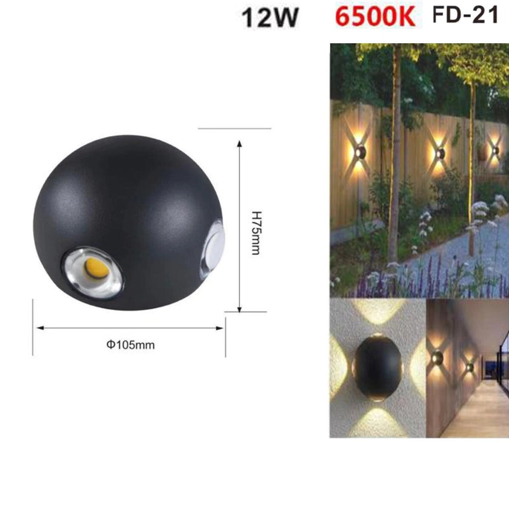 APPLIQUE LED 4 COB LAMPADA PARETE ROTONDO 12W NERO FREDDO 6500K ESTERNO FD-21*