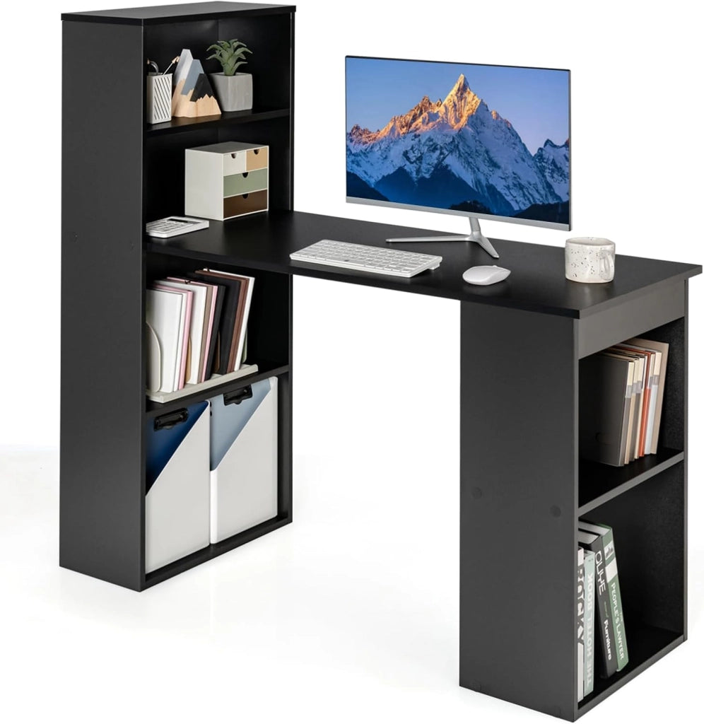 Scrivania per Computer con Libreria, Scrivania Moderna Porta PC con 6 Ripiani, Mobile Scrivania con Ripiani Regolabile Ampia Base per Casa, Ufficio (nero)