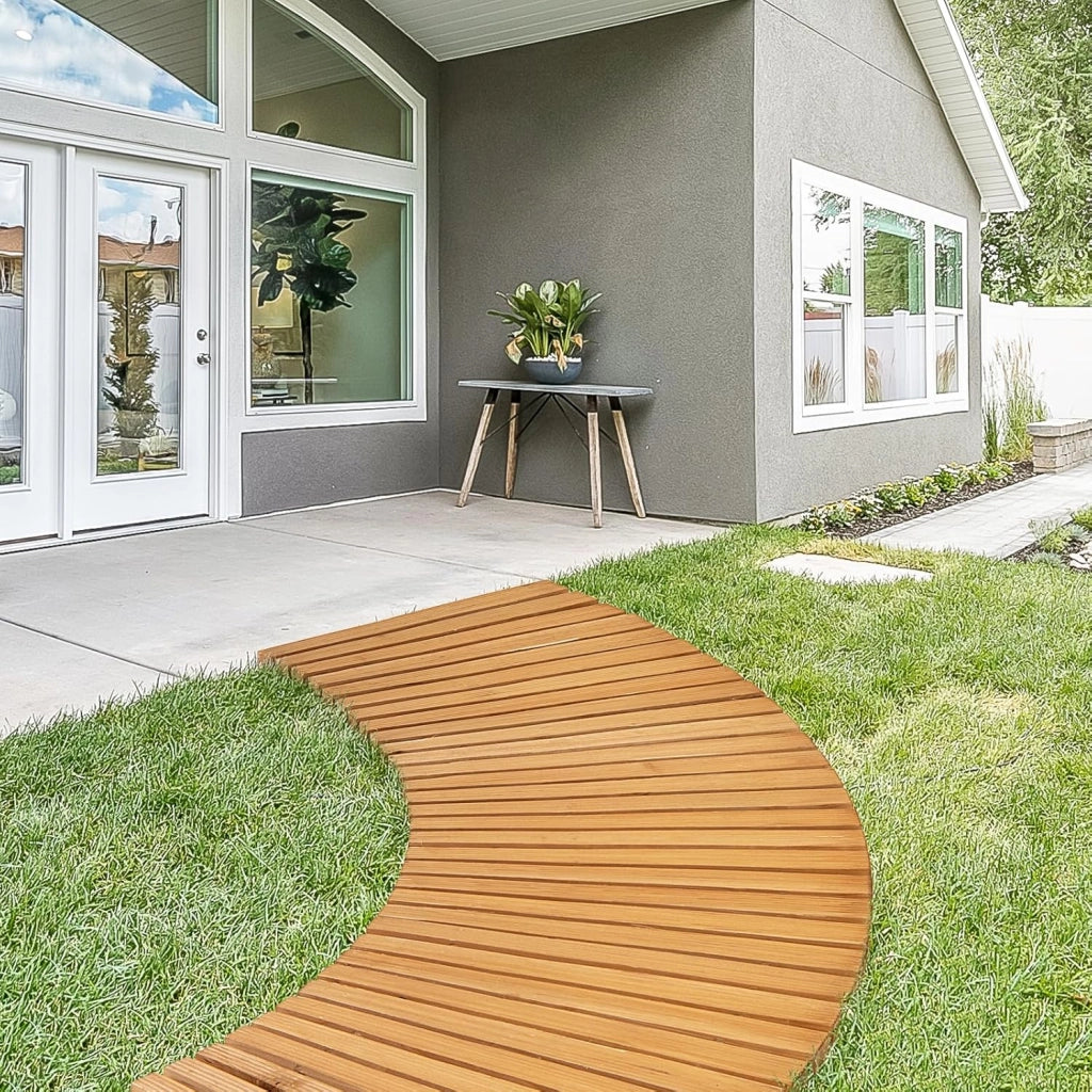 Sentiero da Giardino in Legno, Passerella Curvo da Esterno con Superficie Antiscivolo e Fili Metallici, Design Arrotolabile, per Patio Cortile e Spiaggia, Naturale (216 x 53 cm)