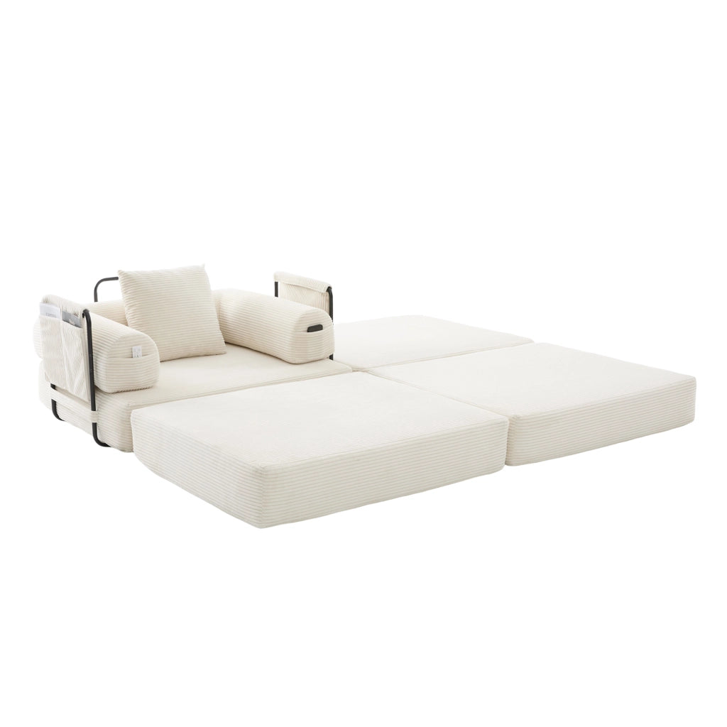 Divano Modulare con Pouf, con Tasca Laterale e Cuscino, in Velluto a coste, Beige