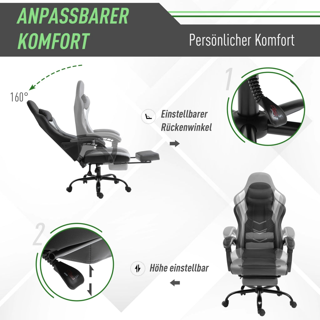 Sedia da gaming ergonomica con schienale reclinabile e poggiapiedi, cuscino cervicale e lombare, schiuma nera