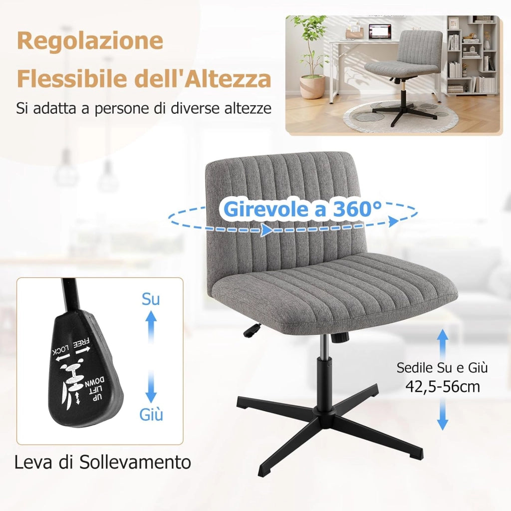 Sedia da Ufficio con Gambe Incrociate Senza Ruote, Sedia da Scrivania con Sedile Imbottito Ampio, Sedia Girevole 120°, Altezza Regolabile, Portata 150 kg (Grigio)