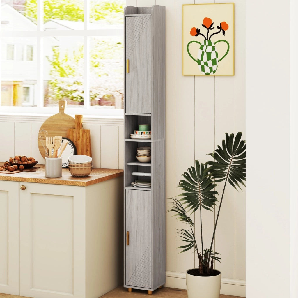 Armadietto da bagno stretto organizzatore stretto con 2 ante e ripiani regolabili-Mobiletto da bagno Armadietto da bagno alto Grigio