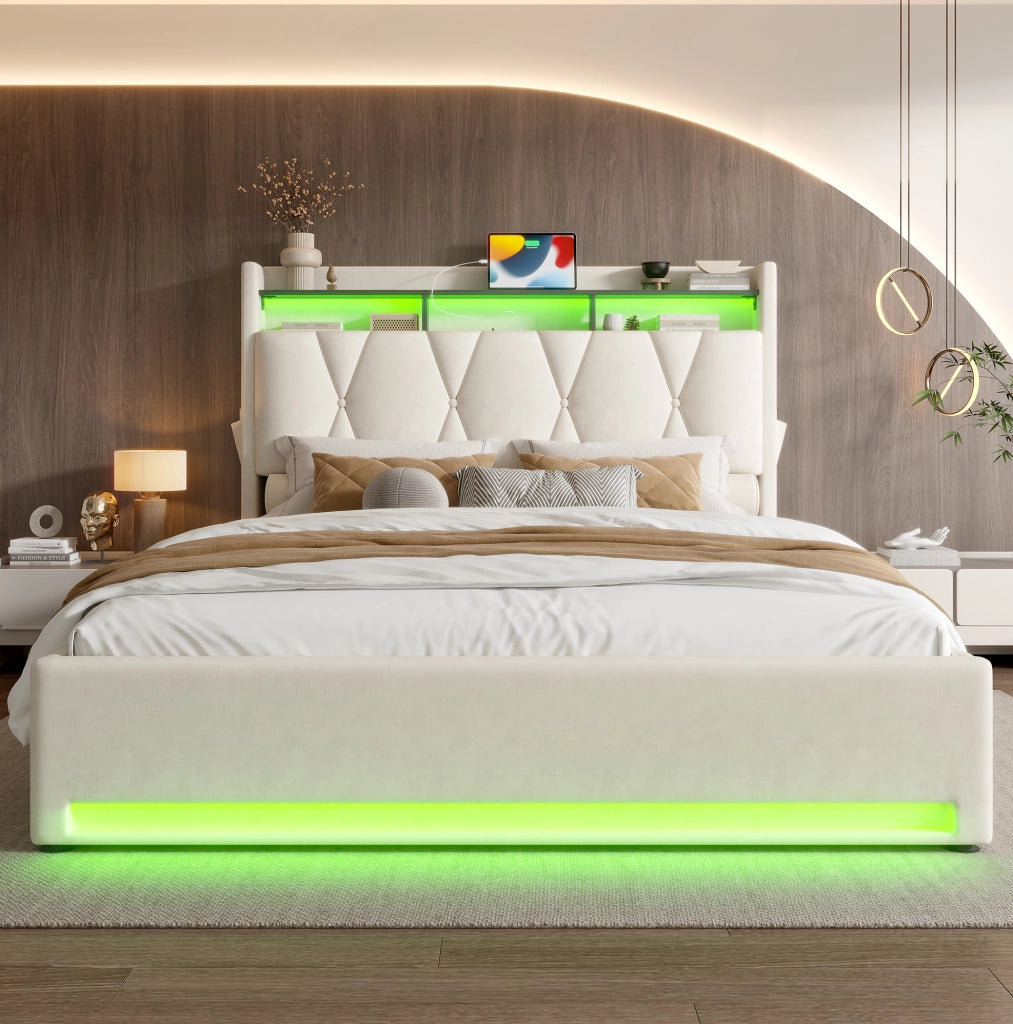 Letto imbottito 160x200 cm con LED; contenitore e USB in velluto beige