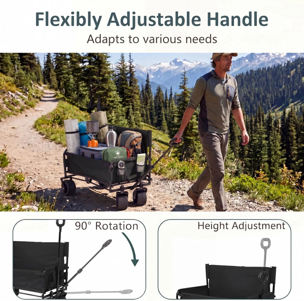2 in 1 Carrello Spiaggia con Seduta, Carretto Pieghevole con Ruote Grandi e Cuscini Morbidi, Carrello da Campeggio, Giardino e Pesca, in Acciao Resistente, Chiusura Rapida, 80 KG, 85L (Nero)