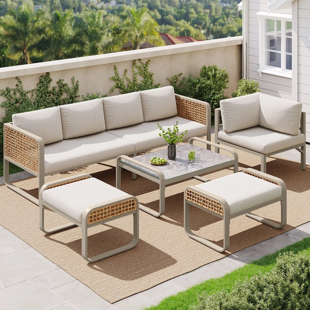 Set da giardino in rattan per 6-7 persone - Zephmum - Divano angolare con gambe regolabili, cuscini inclusi, beige