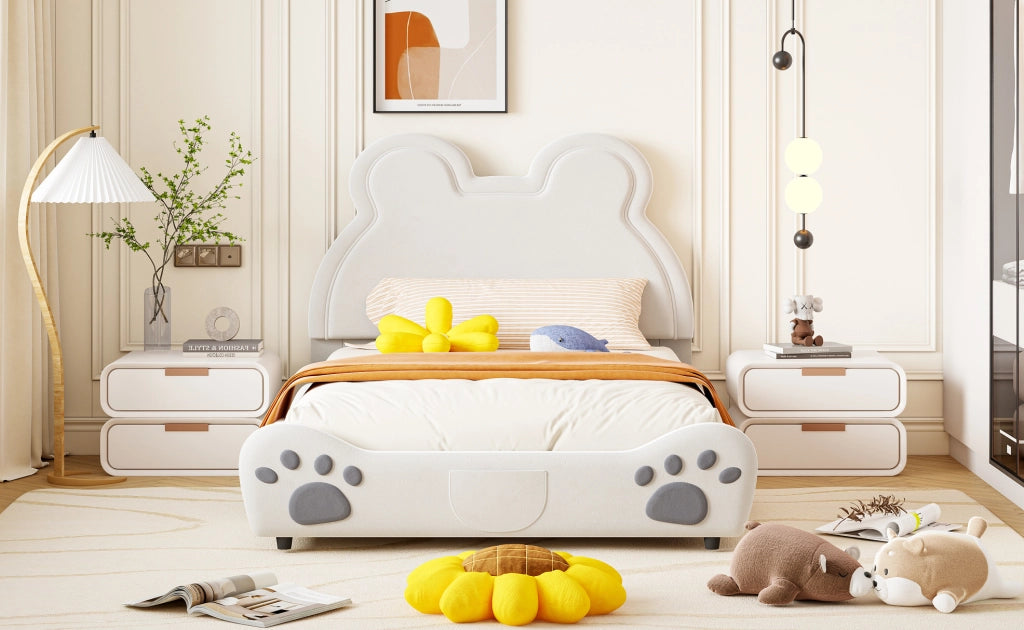 Letto imbottito per bambini a forma di orso, 140x200 cm, bianco