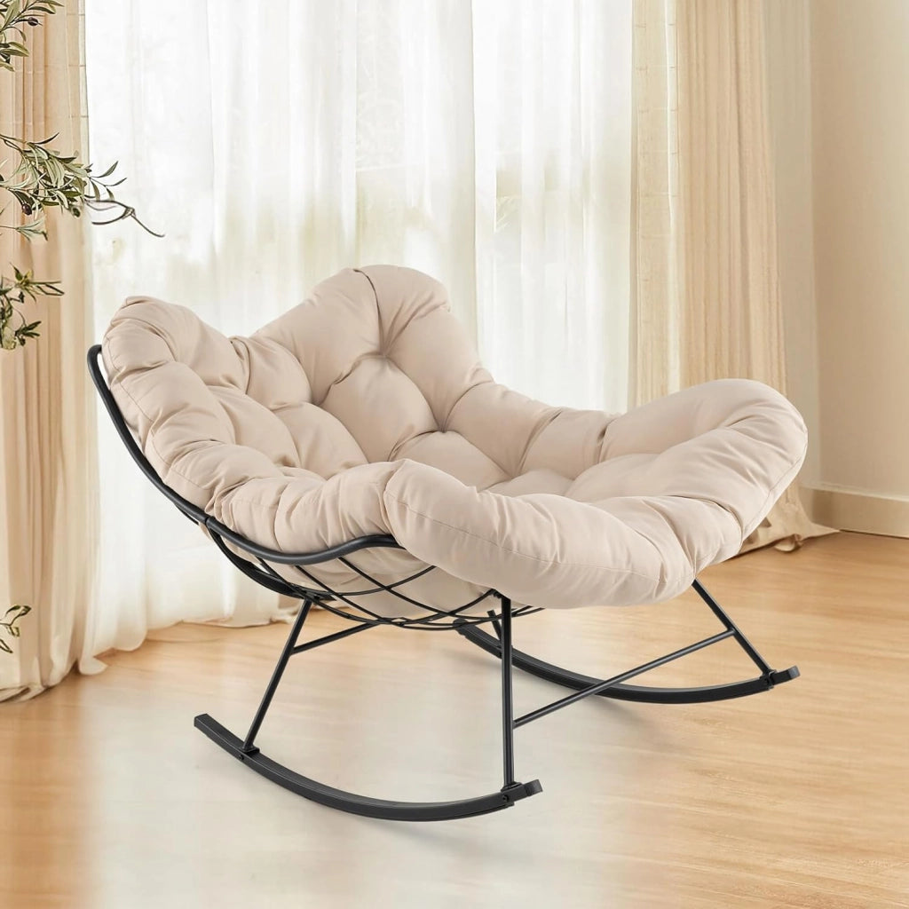Sedia a Dondolo, Poltrona Relax Ergonomica, Poltrona Sovradimensionato con Cuscino Imbottito, Sedia a Uovo con Struttura Metallica, per Soggiorno Portico Giardino, Portata 205 kg (Beige)
