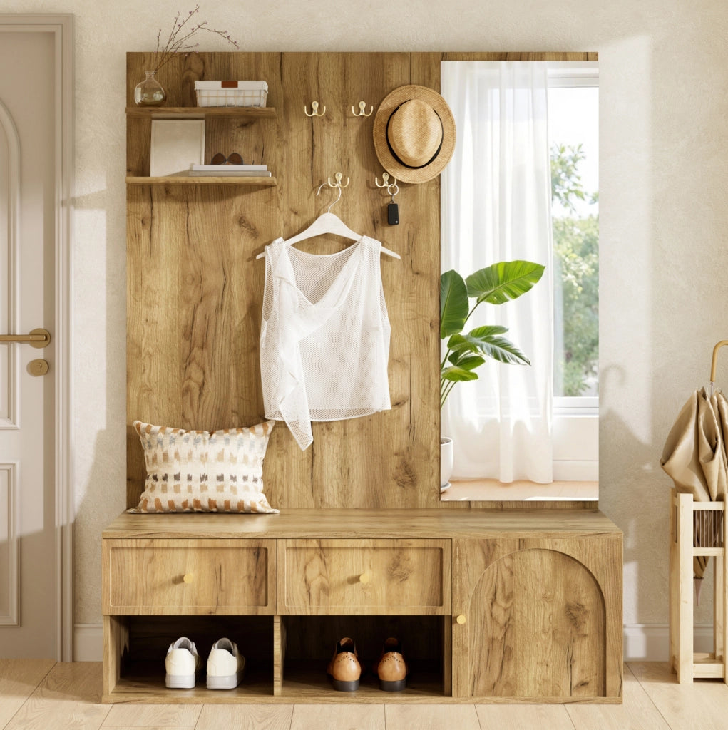 Guardaroba ingresso 120x35x159 cm con specchio; 5 ganci e 2 cassetti; effetto legno naturale