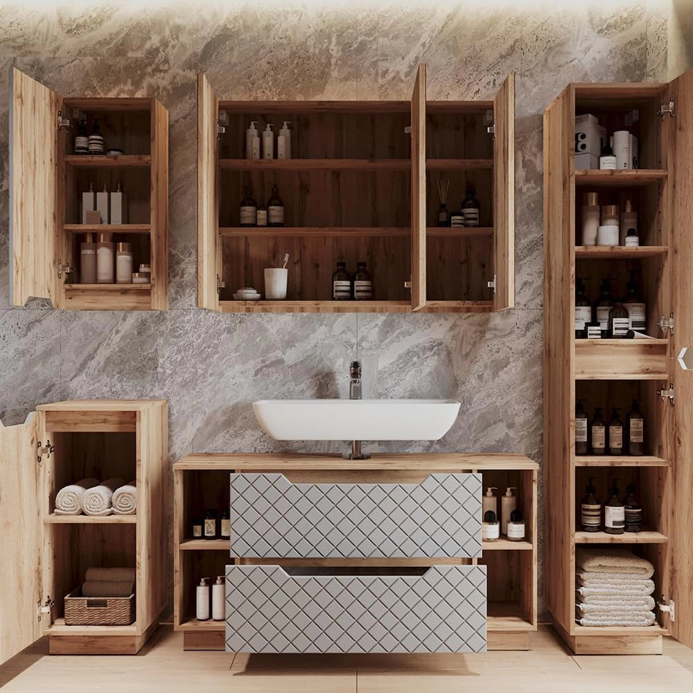 Set di mobili da bagno Lotta, Rovere/grigio con struttura in piastrelle, 3 parti