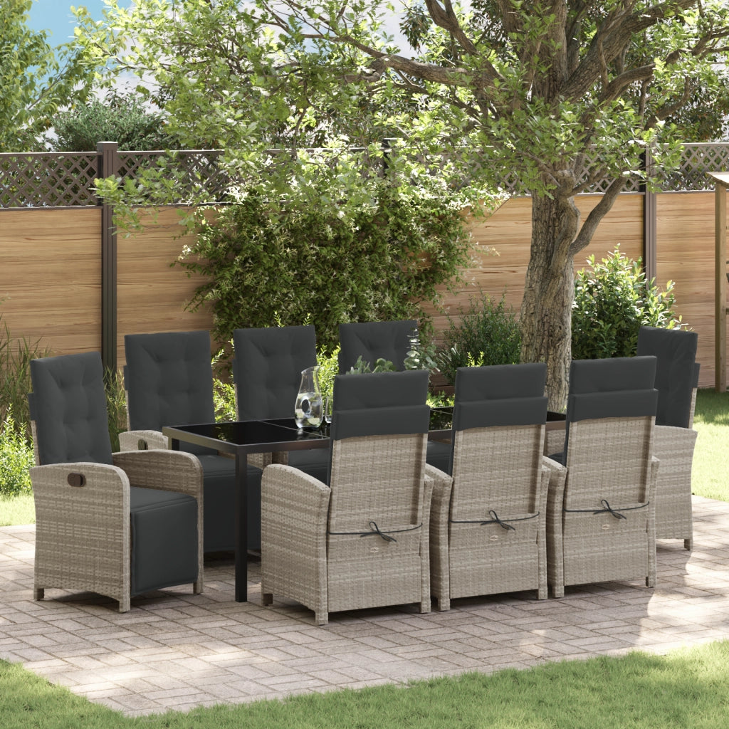 Set da Pranzo Giardino 9 Pezzi con Cuscini Grigio Chiaro Polyrattan