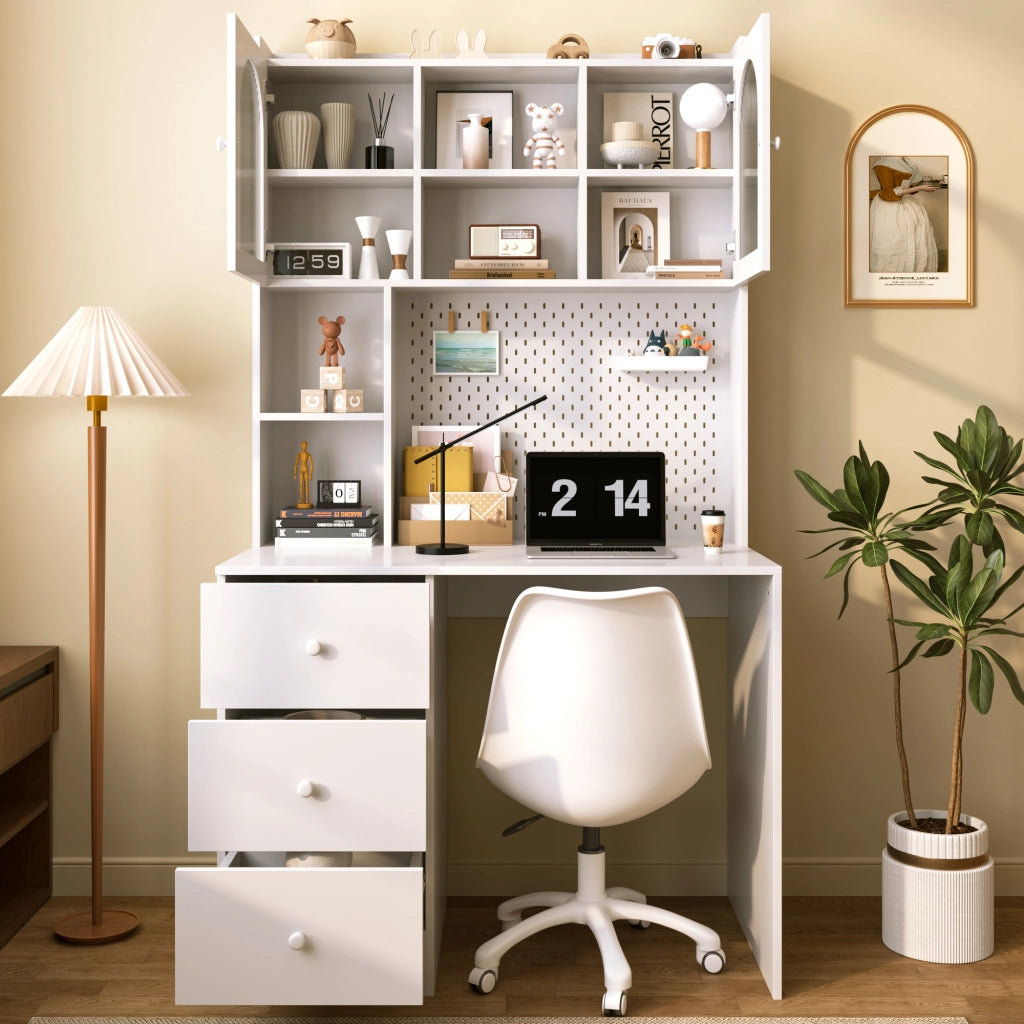 Scrivania con 3 cassetti; 6 vani e bacheca - per studio - in MDF - 100×55×180 cm - bianco