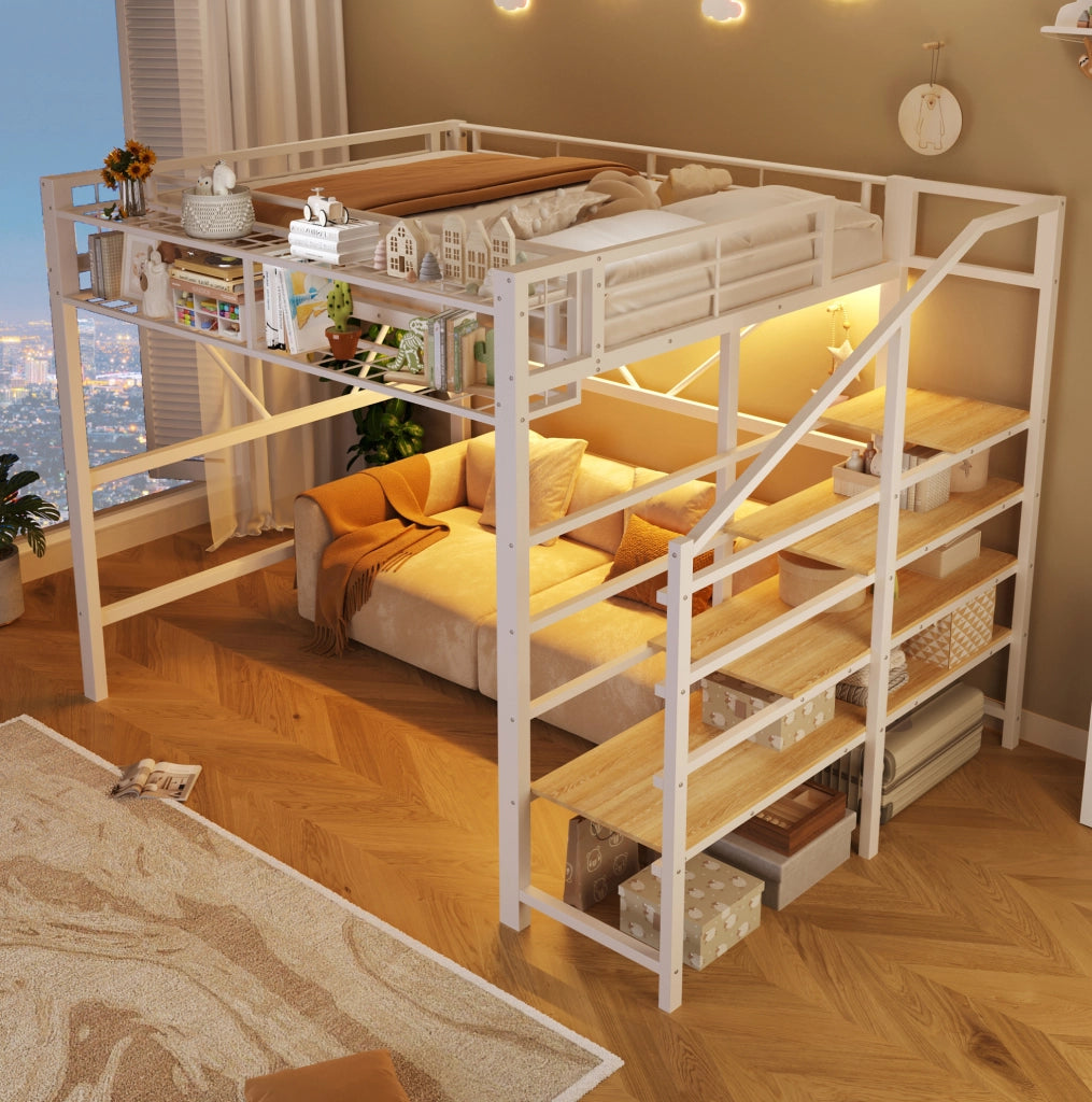 Letto a soppalco ULEVR 140x200 cm con LED, scaletta con ripiani e cestino contenitore, bianco