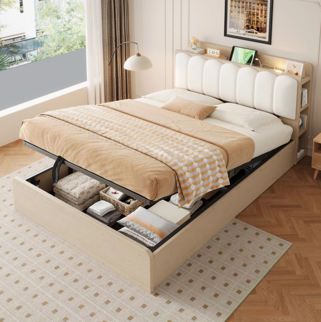 Letto contenitore idraulico 140x200 cm in legno con USB
