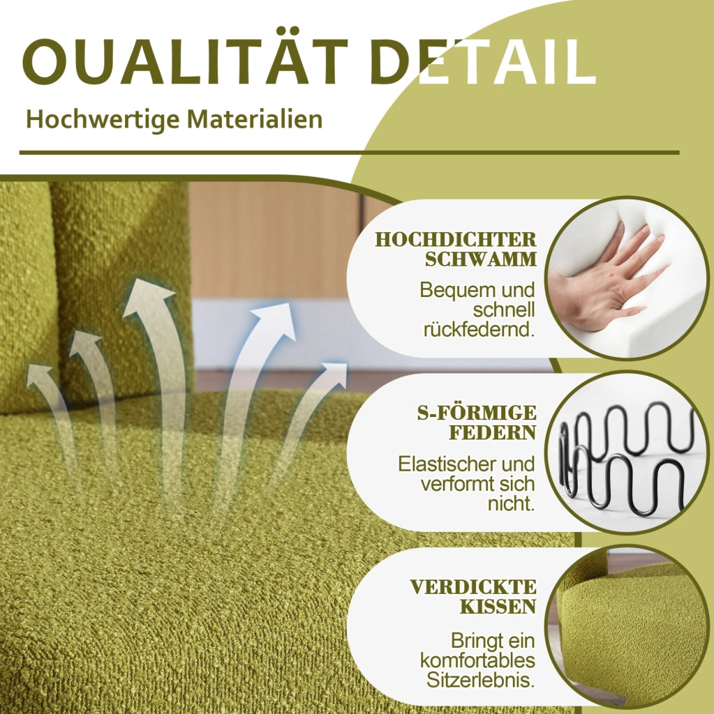 Poltrona girevole 360° in bouclé verde oliva; seduta imbottita 67x55x74 cm