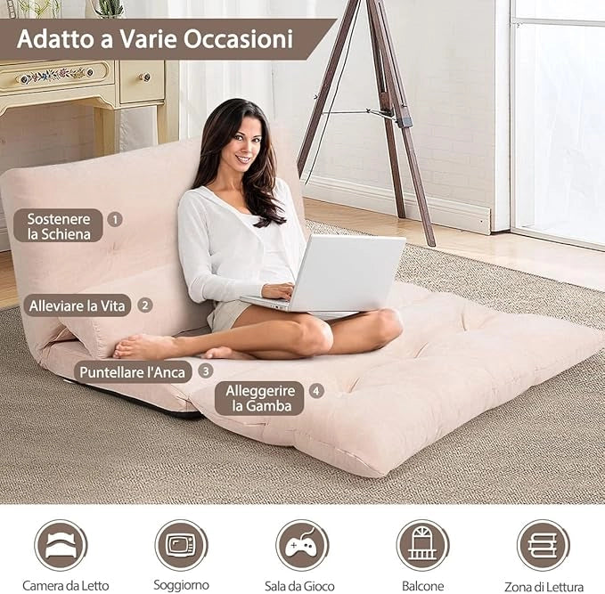 Divano da Terra, Divano Letto Multifunzionale Regolabile in 6 Posizioni con 2 Cuscini, con Fodera in Camoscio per Camera da Letto Salone Balcone (Beige)