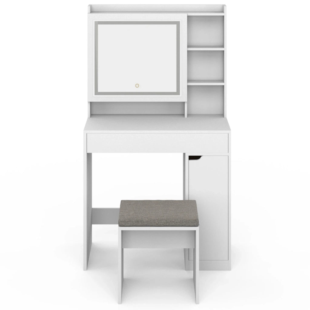 IDMarket - ZELIA tocador blanco con espejo LED, almacenamiento, 1 cajón, 1 unidad de almacenamiento y taburete tapizado