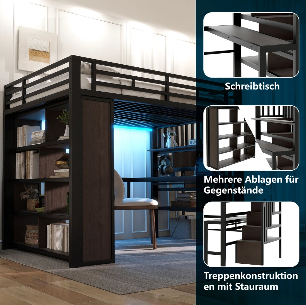 Letto a soppalco 140x200 cm con scrivania; scaffali; scala contenitore e LED in metallo e MDF nero