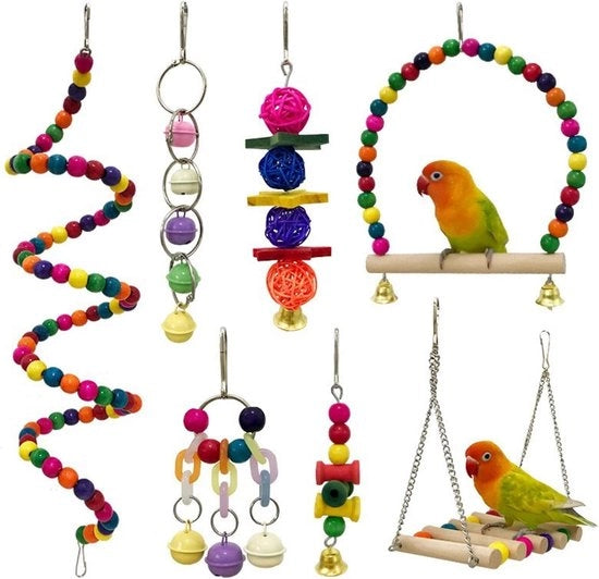 Set di Giochi per Uccelli - Colorato - Legno Naturale - Oscillatori, Campanelli, Perline - Per Piccoli Uccelli