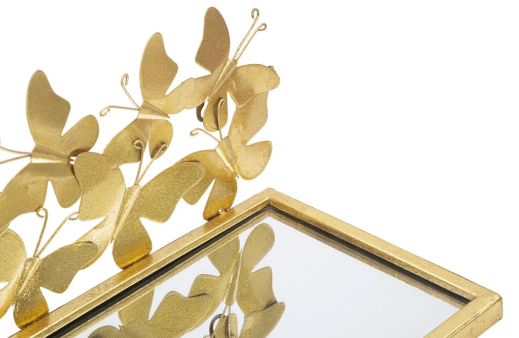 Comodino coppia mensola BUTTERFLIES 43x19,2x16,5 cm metallo dorato con piano in vetro