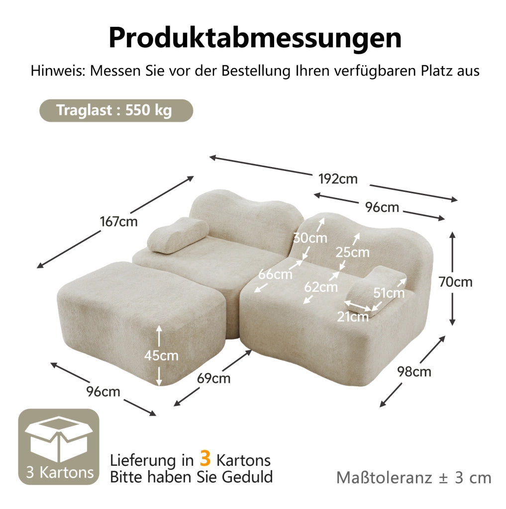 Divano angolare modulare 2 posti con pouf in velluto beige HOMVRA