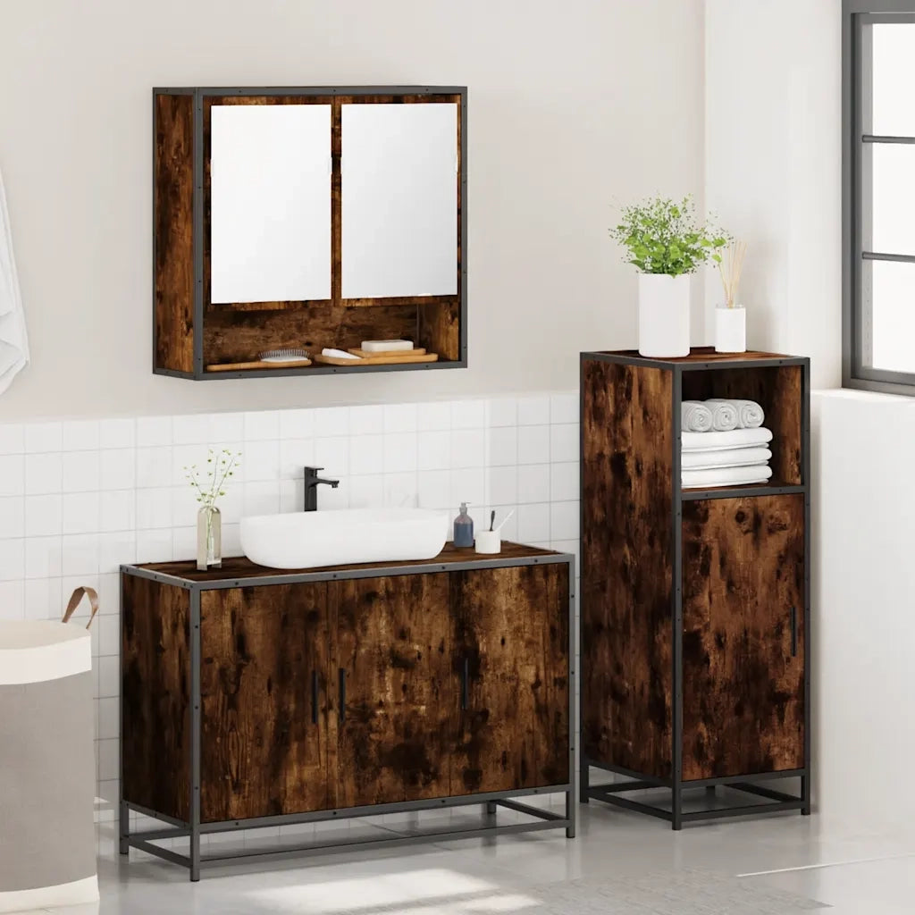 Set Mobili da Bagno 3 pz Rovere Fumo in Legno Multistrato 3300982