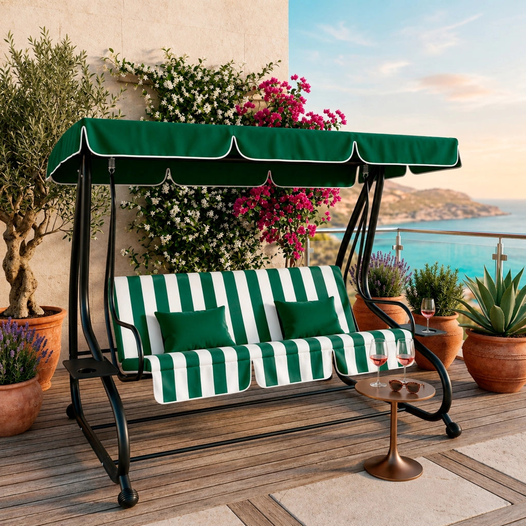 Dondolo Da Giardino 3 Posti Schienale Regolabile Tetto Ombreggiante Cuscinatura Comfort Imbottita Convertibile In Letto Per Esterno Balcone Patio 200 x 120 x 160 Cm Verde E Bianco