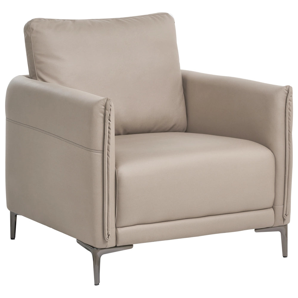 Poltrona tortora imbottita in tessuto con gambe in metallo stile moderno minimalista