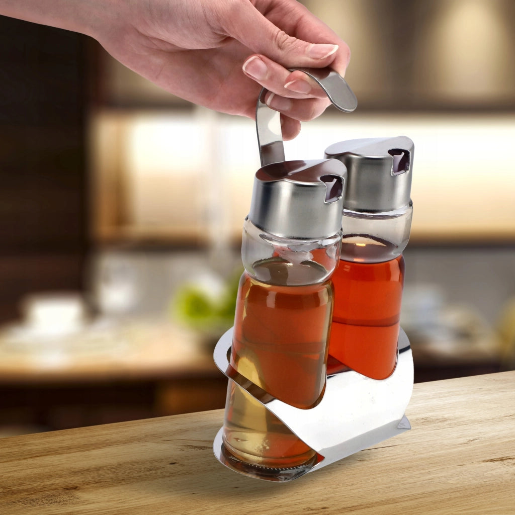 Set di 2 bottiglie in vetro KADAX da 0,1 l per olio d'oliva e aceto, con supporto.